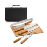 Five-piece wooden and stainless steel barbecue set
